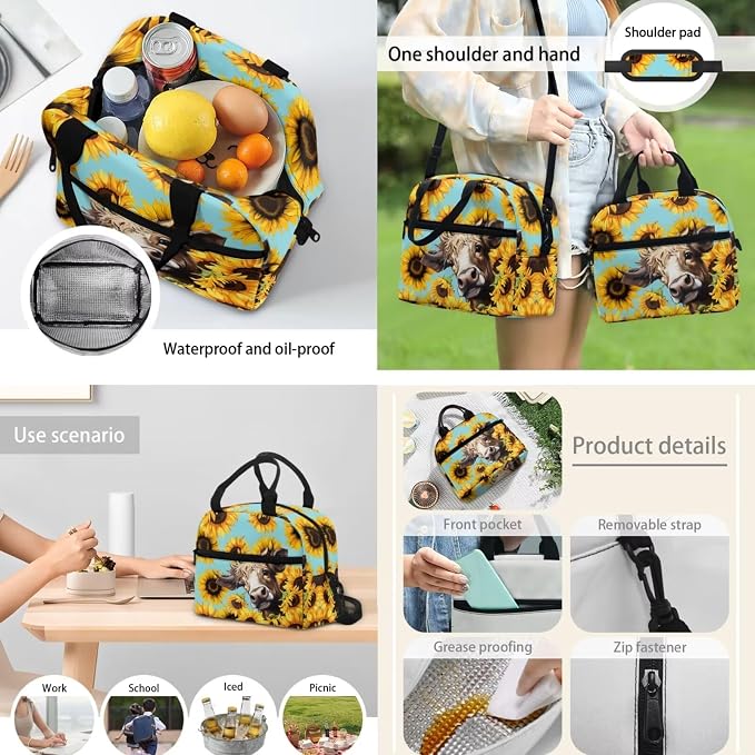 4 pcs Highland Cow Sunflower Schoolbag Set for Girls Boys，Durable Highland Cow School Bag Set with Insulated Lunch Box Pencil Case Water Bottle Bag School Supplies - Image 5