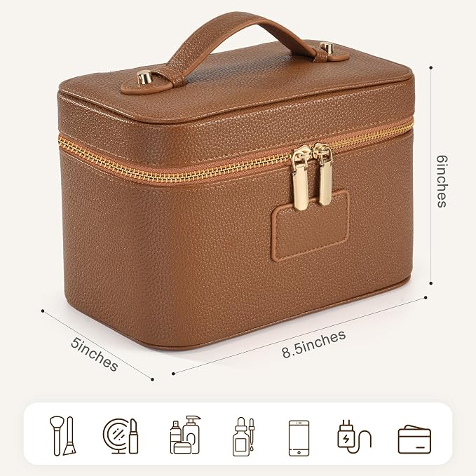 Makeup Bag Travel Toiletry Leather Cosmetic Case, Waterproof Makeup Organizer with Brush Holder, Wipe Clean Removable Divider Vanity Train Bag for Women, Brown - Image 3