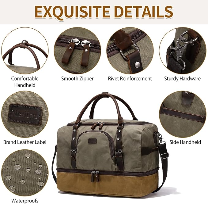 Nerlion Green Large Weekender Overnight Duffel Bag with Shoe Compartment and Leather Accents - Image 5