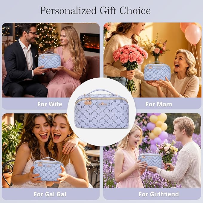 Travel Makeup Bags for Women: 3 Pcs Set Luxury Bow Print Make up Bag - Large Capacity Cute Cosmetic Case - 3–15 Day Travel Toiletry Organizer Bag, Comes with An Gift Box(cerulean blue) - Image 5