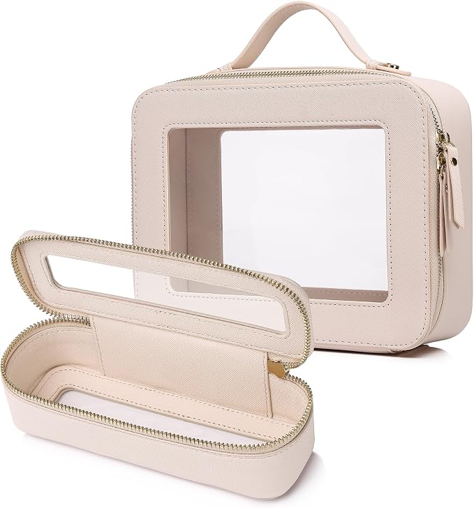 Pinkmik Clear Makeup Bag with Brush Bag Portable Cosmetic Bag Case Travel Toiletry Bag Car Essential for Women (Beige, L+SLIM) by Pinkmik