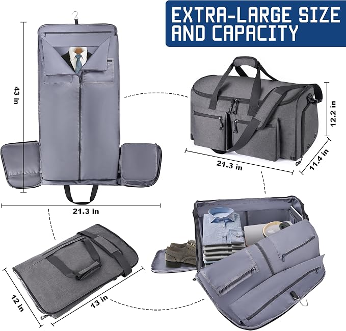HILOMON Convertible Duffle Bags for Travel Carry On Suit Duffle Bags with Shoulder Strap 2 in 1 Hanging Garment Duffle Bag for Men Women (Grey) - Image 6