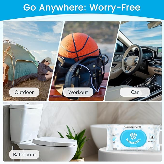 WONDERFUL Flushable Wipes, Unscented 100% Plant-Based Wet Butt Wipe for Adults & Kids, Sewer Septic Safe, Gentle for Sensitive Skin, Wipes Flushable Pack for Bathroom & Travel, 6-Pack (360 Counts)