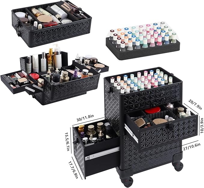 Makeup Train Case with Drawer, Rolling Makeup Case, Cosmetology Case on Wheels, Gift, Large Makeup Case Organizers, Professional for Salon Barber, Nail, Tattoo, Black - Image 3