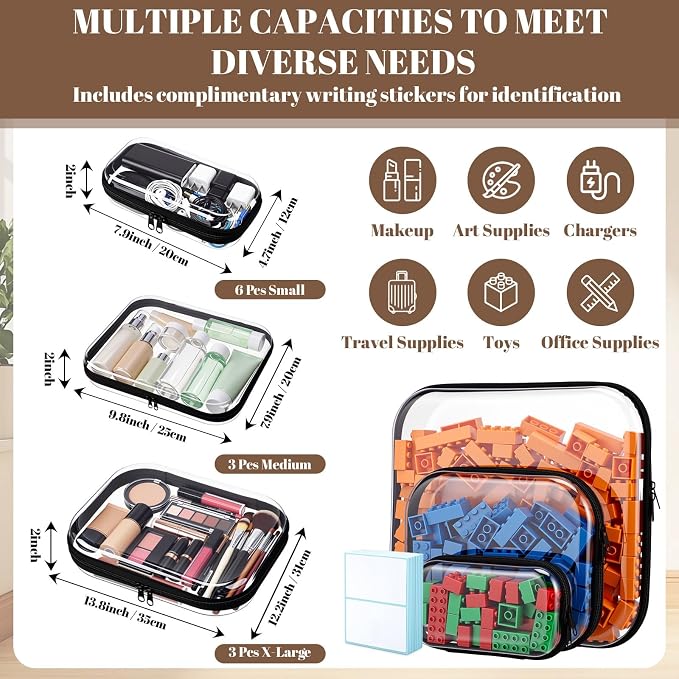 12 Pack Clear Hard Shell Zipper Case with 40 Labels, X-Large/Medium/Small Stackable Clear Pouches, Crush-resistant Travel Toiletry Bag Organizer for Makeup Board Games Electronics (Black) - Image 2