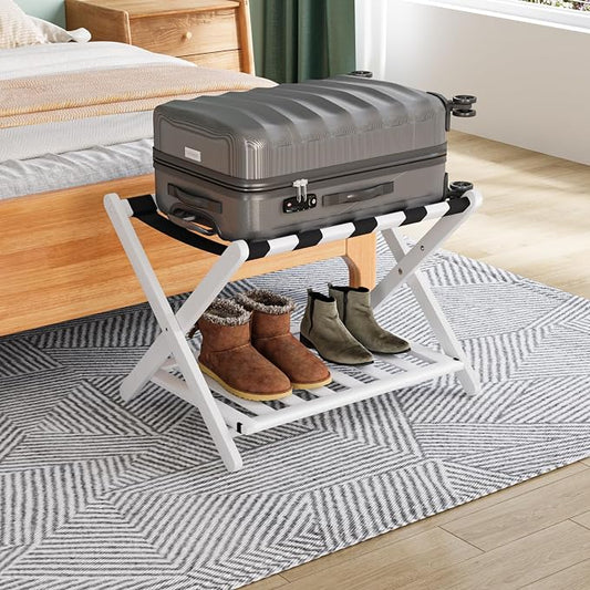 Smuxee Fully Assembled White Luggage Rack, Upgraded Bamboo Foldable Suitcase Stand with 5 Nylon Straps, Luggage Holder with Shelf for Guest Room Bedroom Hotel (White Luggage Rack 1pcs) by Smuxee