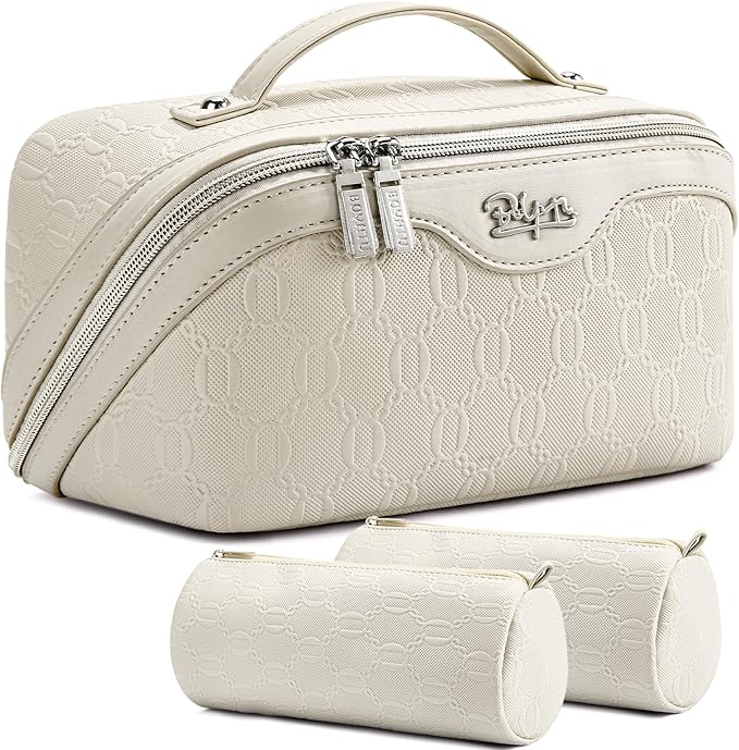 BOYATU Travel Makeup Bag for Women: Cosmetic Organizer Bag with Compartments - Leather Make up Bags Set of 3 (G-2-White) by BOYATU