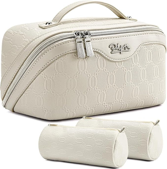 BOYATU Travel Makeup Bag for Women: Cosmetic Organizer Bag with Compartments - Leather Make up Bags Set of 3 (G-2-White) by BOYATU