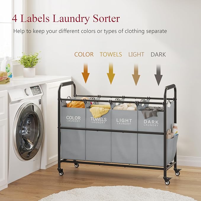 Tajsoon 4 Bag Laundry Sorter Cart, 4 Section Laundry Hamper Sorter with Heavy Duty Lockable Rolling Wheels, Laundry Separator Hamper with Removable Bags for Dirty Clothes Storage, Grey - Image 3