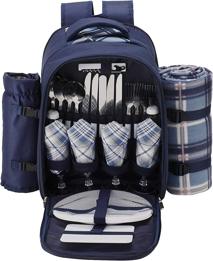Apollo walker Picnic Backpack Set for 4 with Cooler Compartment,Detachable Bottle/Wine Holder Including Large Picnic Blanket(45"x 53") for Picnic Family and Lovers Gifts,Outdoor,BBQ Time (Blue) - Image 8