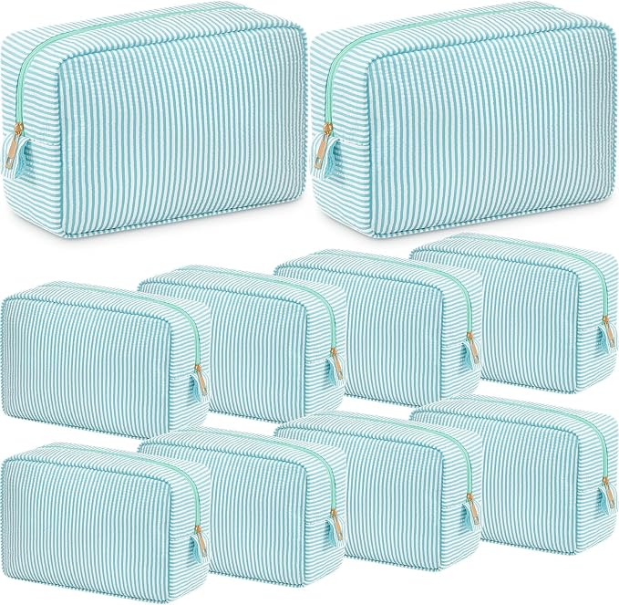 Sanwuta 10 Pcs Seersucker Cosmetic Bag Seersucker Makeup Bag Women Stripe Large Travel Toiletry Organizer Preppy Storage Pouch for Embroidery Wedding Bridesmaid Bride Mom (Mint Green) by Sanwuta