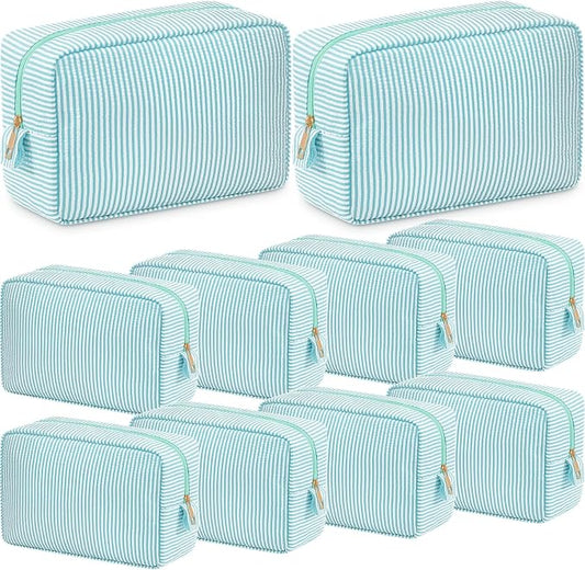 Sanwuta 10 Pcs Seersucker Cosmetic Bag Seersucker Makeup Bag Women Stripe Large Travel Toiletry Organizer Preppy Storage Pouch for Embroidery Wedding Bridesmaid Bride Mom (Mint Green) by Sanwuta