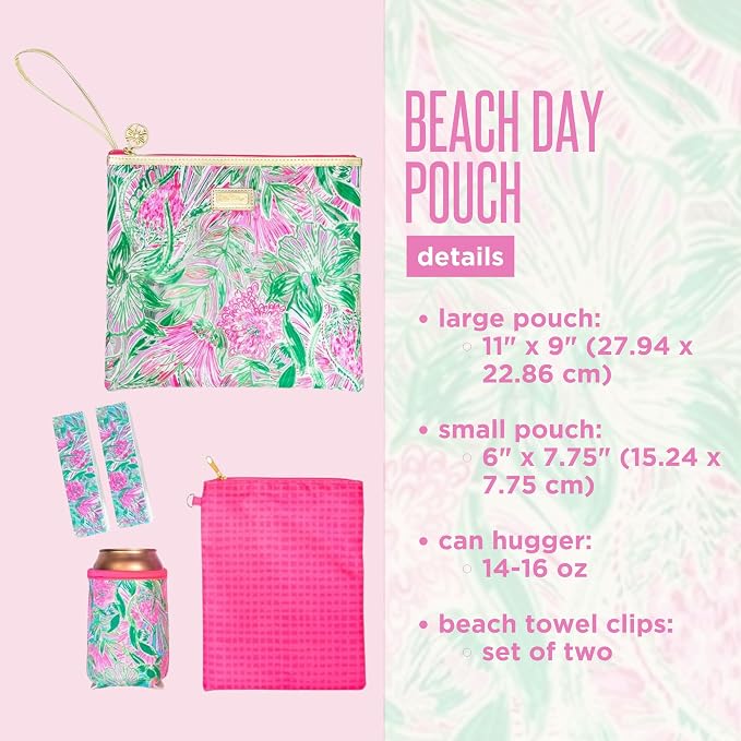 Lilly Pulitzer Water Resistant Vinyl Beach Day Pouch, Zipper Bag Includes Drink Hugger, Small Pouch, and Towel Clips - Image 2