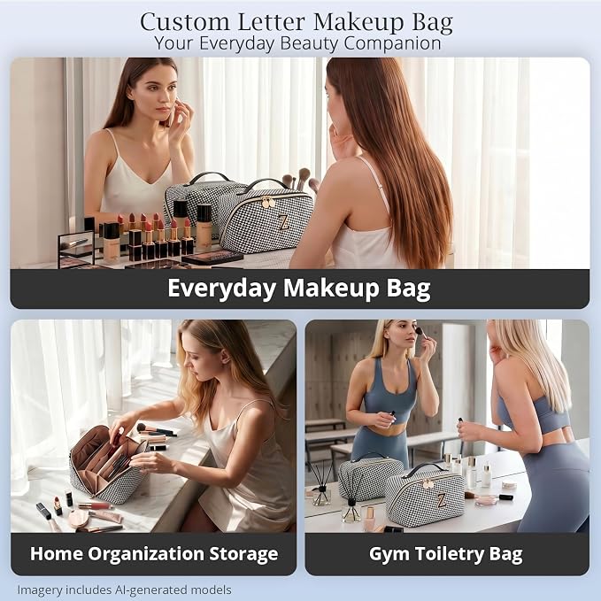 Personalized Gift Travel Makeup Bag: Initial Makeup Organizer Bag for Women | 3-in-1 Custom Make up Bag Set - Vegan Leather Travel Cosmetic Bag - Luxury Gift for Women – Birthday, Anniversary, Graduation - Image 9