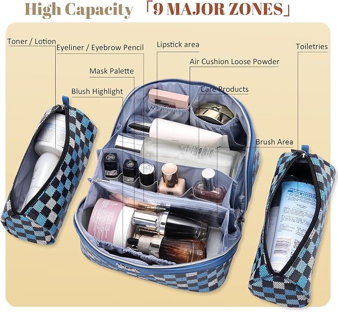 BOYATU Travel Makeup Bag Organizer Cosmetic Bag: 3 Pcs Set Make up Bags for Women with Handle - Waterproof Vegan Leather Toiletry Bag (01-H-Blue) - Image 3