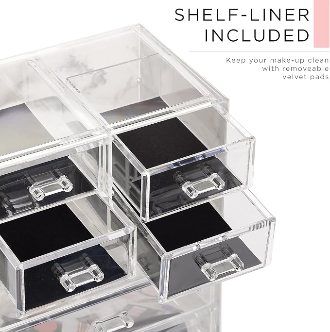 Sorbus Acrylic Makeup Organizer Set, 7-Drawer Vanity & Countertop Cosmetic Storage with Small & Wide Compartments, Marble Print Makeup Storage for Brushes, Jewelry – Holiday Gift for Women & Teens - Image 6