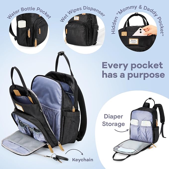 RUVALINO Diaper Bag Backpack-Multifunction Baby Travel Bag with Changing pad, Insulated Bottle Holders & Pacifier Case, Large Capacity, Waterproof, Black Leopard - Image 3
