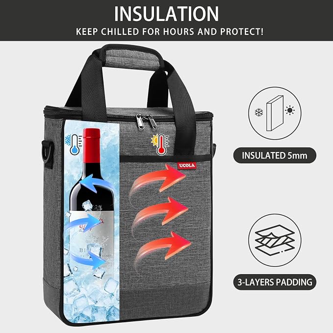 Wine Cooler Bag, Leakproof Insulated Wine Carrier Tote | Fits 2, 3 or 6 bottles with removable divider, shoulder strap, BYOB travel tote for champagne, liquor, picnic and gifts - Image 3