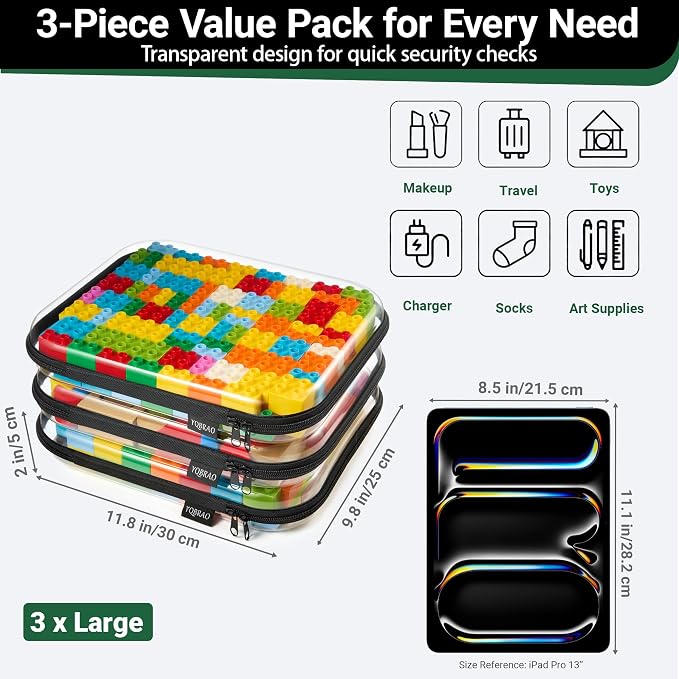 YQBRAO 3-Pack Large Clear Hard Shell Zipper Case, 1.2mm Rigid Toy & Cosmetic Bags, Heavy-Duty Diaper Bag Pouch Set with YKK Zippers, Waterproof Travel & Makeup Organizer (Black) - Image 4
