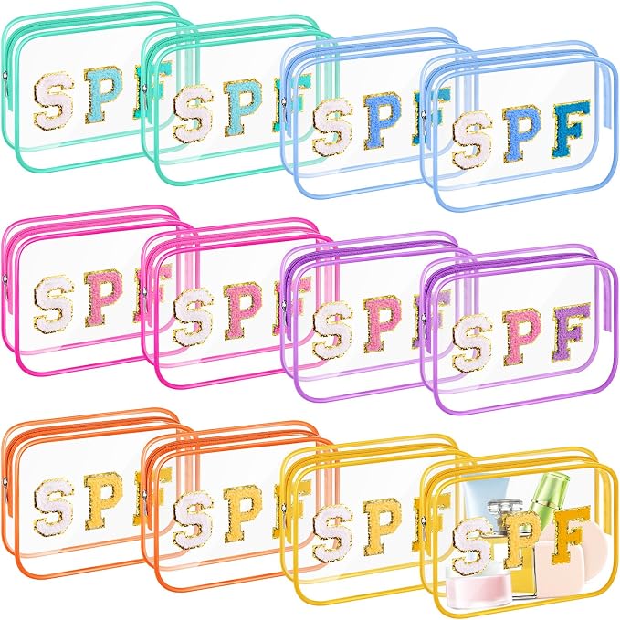 Kacctyen 12 Pcs Spf Clear Makeup Bags Bulk Waterproof Sunscreen Pouch Beach Pool Bag Chenille Letter Patch PVC Preppy Travel Toiletry Cosmetic Zipper Organizer for Women Girls Summer Vacation Gifts by Kacctyen