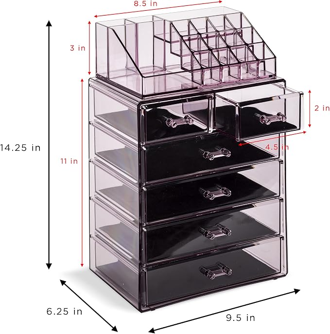 Sorbus Acrylic Makeup Organizer Set, 6-Drawer Vanity & Countertop Cosmetic Storage with Small & Wide Compartments, Purple Makeup Storage for Brushes, Jewelry – Holiday Gift for Women & Teens - Image 3