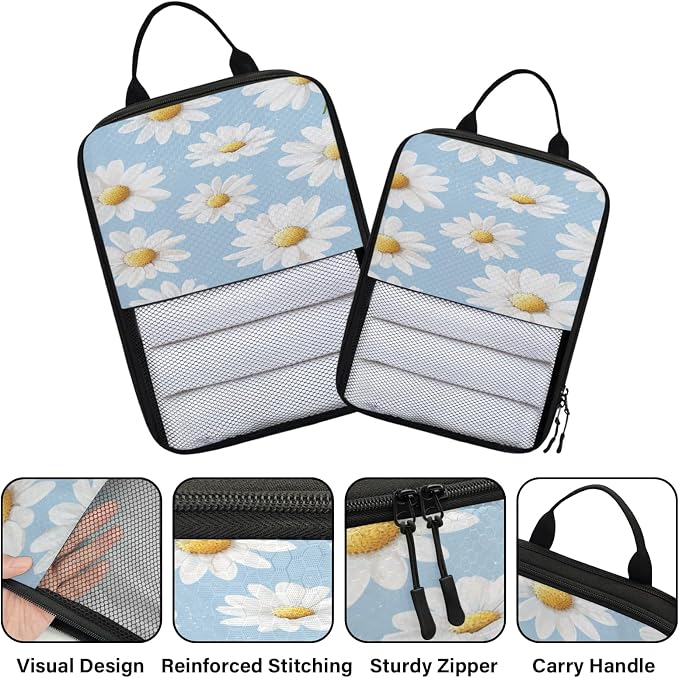 Floral Daisy 6 Set Compression Packing Cubes for Travel Luggage Carry On Suitcase Compressible Expandable Packing Cubes Organizers Bag - Image 3