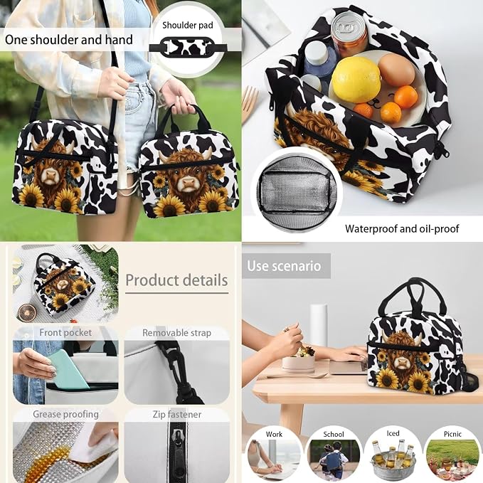 Highland Cattle Sunflowers Big Student Hiking Backpack Black White Cow Print Travel Bookbag Storage Lunch Tablet Tote Bag Water Cup Sleeve for Girls Boys Kids Teens Students, 4 Pack - Image 6
