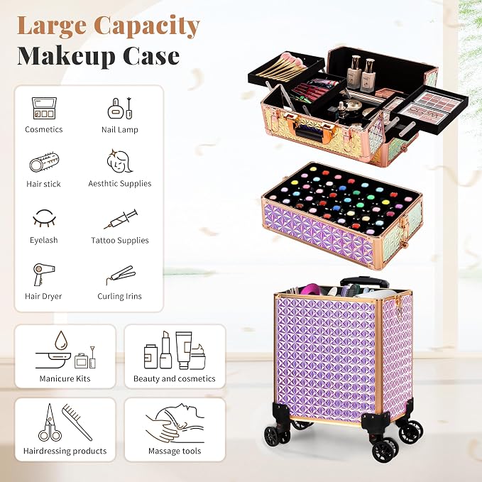 Rolling Makeup Train Case Cosmetology Case on Wheels, Colorful | Large Cosmetic Trolley Organizer with Keys Salon Barber Case Traveling Cart Trunk for Artist Hairstylists Nail Tech - Image 3