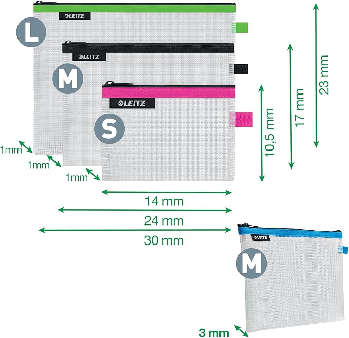 Leitz Set of 4 Leitz Wow Travel Pouches, Water Resistant, Translucent, Ideal for Visible Storage and Organisation, Sizes: Small (A6), Medium (A5), Large (A4) and Cosmetic - Assorted Colours 40160099 - Image 4