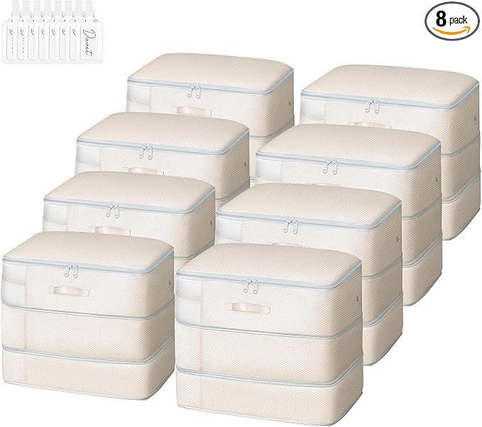 Comforter Storage Bag - Large Capacity Blanket Storage Bags 3-Layer Ultra Space Saving Self Compression Organizer, Washable Compression Bags for Storage Comforter Blanket, 8-Pack, Beige by EasortmPackingCubes