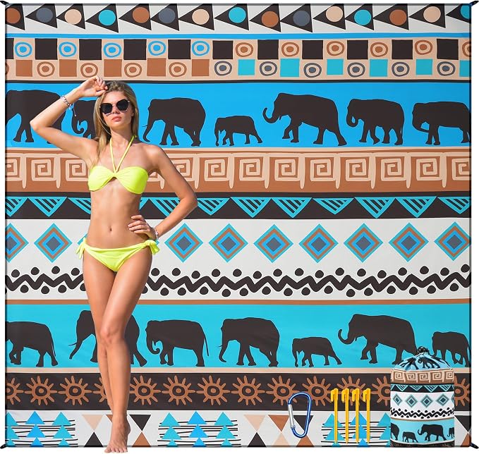 HIHOHO Beach Blanket Waterproof Sandproof Beach Mat for 1-8 Adults Quick Drying Durable Outdoor Picnic Mat for Beach Festival Travel Camping Hiking (Elephant-GN, 79"×83"(4 Person)) by HIHOHO