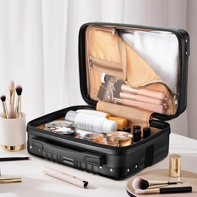 Noverlife 14 Inch Portable Hard Shell Cosmetic Travel Case, Mini Travel Hand Luggage with Elastic Band Travel Makeup Case, Small Makeup Carrying Suitcase for Train Cosmetic Bag Travel Camping - Black - Image 6