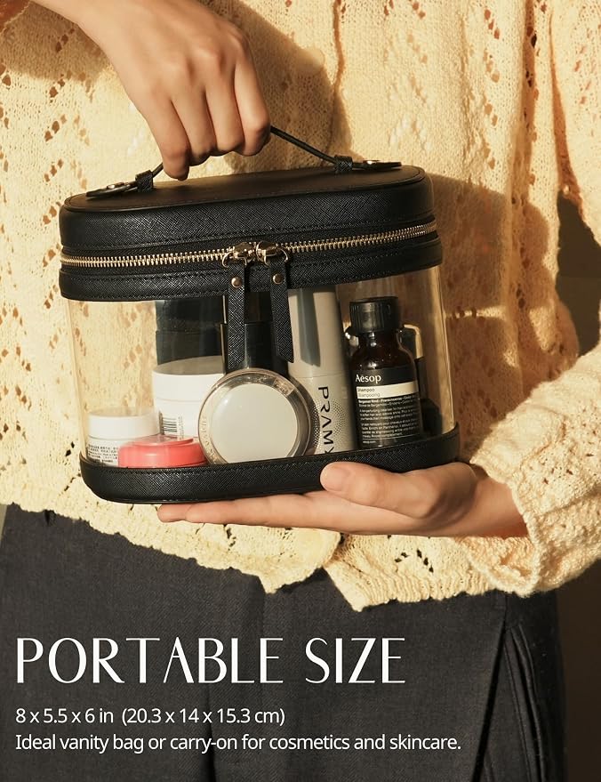 Popvibe Travel Makeup Bag Clear Compact Make Up Vanity Case with Brush Storage and Top Handle, Toiletry Makeup Case Traveling Leather Cosmetic Bag, Portable Medium Large Sized Train Case, Black - Image 4
