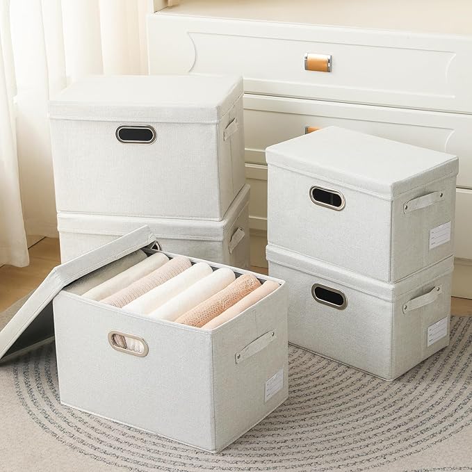 PRANDOM Large Collapsible Storage Containers with Lids [5-Pack] Fabric Foldable Storage Bins Boxes Organizer Baskets Cube with Cover for Home Bedroom Closet Office Beige(17.3x11.8x11.8) - Image 2