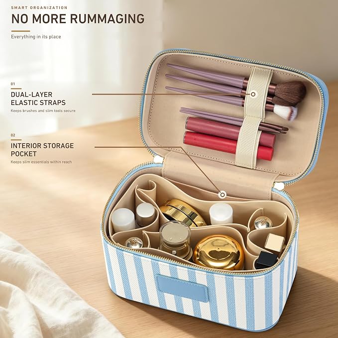 Makeup Bag Travel Toiletry Leather Cosmetic Case, Waterproof Makeup Organizer with Brush Holder, Wipe Clean Removable Divider Vanity Train Bag for Women, Misty Blue - Image 4