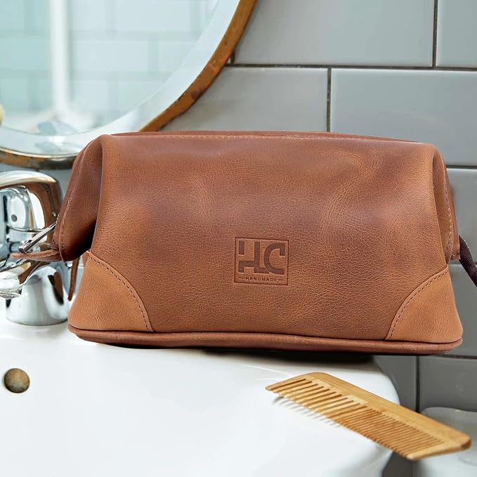 HLC Leather Toiletry Bag for Men Best Gift Premium Genuine Leather Dopp Kit Shaving Kit Organizer Travel Kit Pouch Bag for Men Large Size (TAN) - Image 7