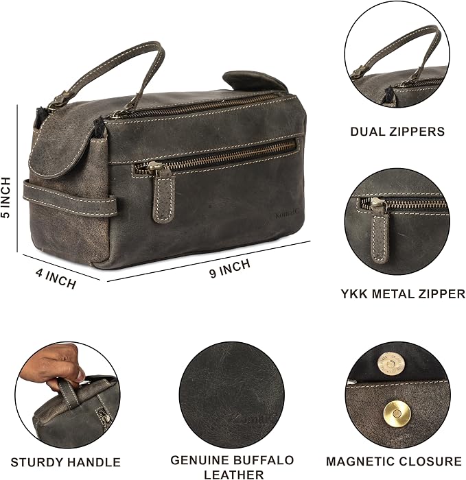 KomalC Premium Buffalo Leather Toiletry Bag for Men & Women With Water resistant Lining, Grooming Travel Pouch, Unisex Wash Bag for Toiletries, Gifts for Men and Women - Image 7