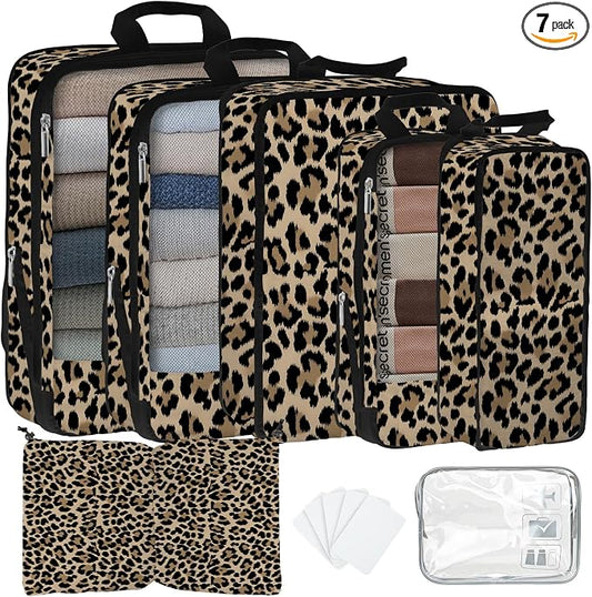 7 Pcs Compression Packing Cubes for Travel, Waterproof Suitcase Luggage Backpack Organizer with Toiletry Bag Travel Essentials for Women/Men-Leopard by Unknown