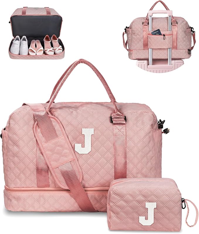 Birthday Gifts for 4 5 6 7 8 9 10 11 12 13 14 Year Old Girls-Duffle Bag with Shoe Compartment, Personalized Weekender Bag, Overnight Bag for Women, Travel Bag with Makeup Bag (Letter J) by Vogewood