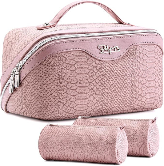 BOYATU Travel Makeup Bags for Women: 3 Pcs Set Wide Open Cosmetic Bag - Portable Make up Bags with Handle - Vegan Leather Toiletry Organizer Bag with Divider (G-02-Pink) by BOYATU