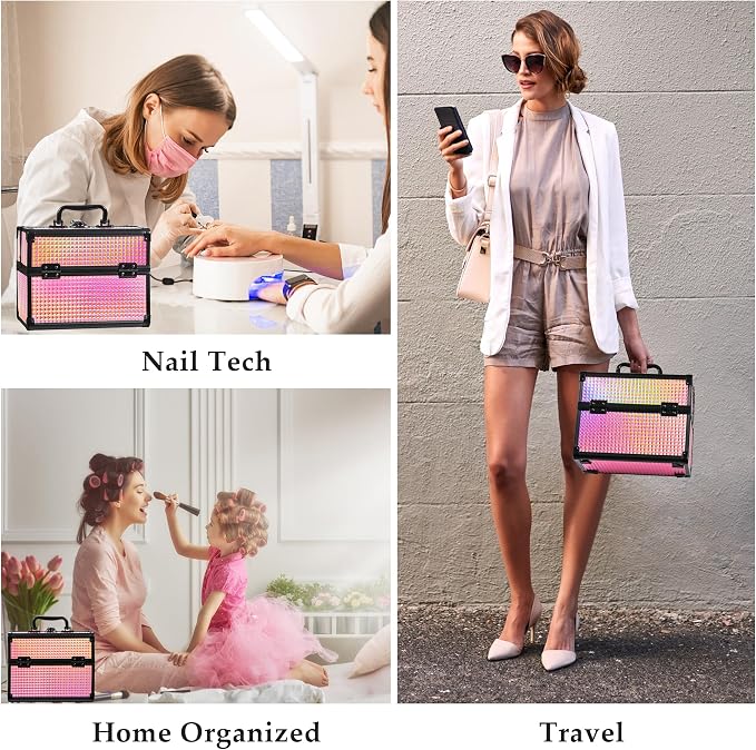 Makeup Case Organizer,Makeup Train Case, Trays Cosmetic Box Portable, Profesional for Salon Barber,Black Bright Pink - Image 6