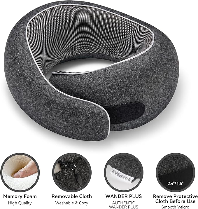 WANDER PLUS® Travel Pillow, 100% Pure Memory Foam Travel Neck Pillow Airplane Neck Support Ergonomic Design Best for Sleeping Plane Car Train Office Flight for Adults Black