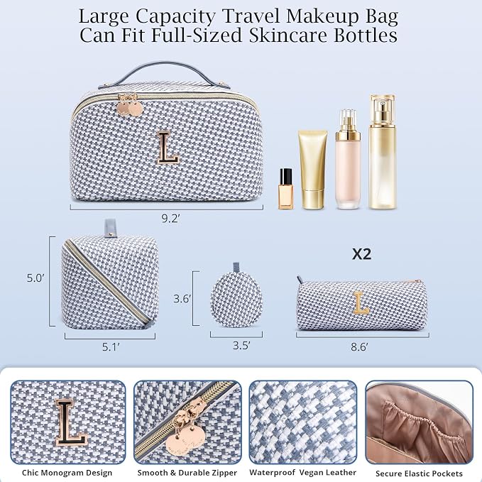 Personalized Gift Travel Makeup Bag: Initial Makeup Organizer Bag for Women | 3-in-1 Custom Make up Bag Set - Vegan Leather Travel Cosmetic Bag - Luxury Gift for Women – Birthday, Anniversary, Graduation - Image 6