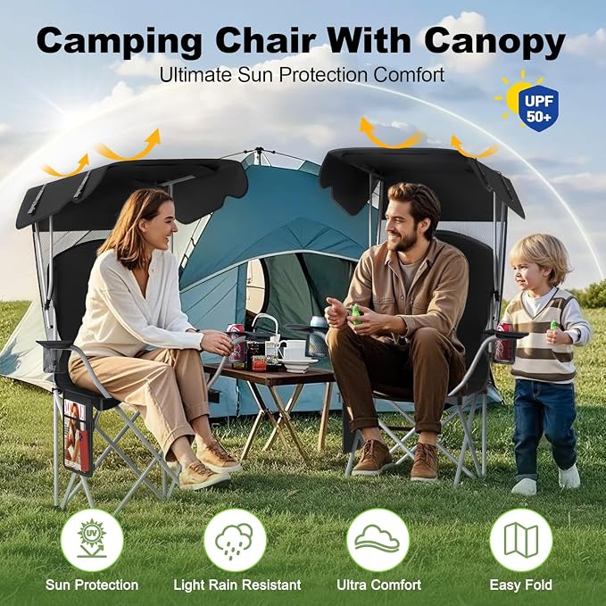VTOY Portable Camping Chair with Canopy - Folding Chair with Canopy, Durable 600D Oxford Canopy Chair for Camping, Beach, Picnics, Fishing & Sports - Image 3