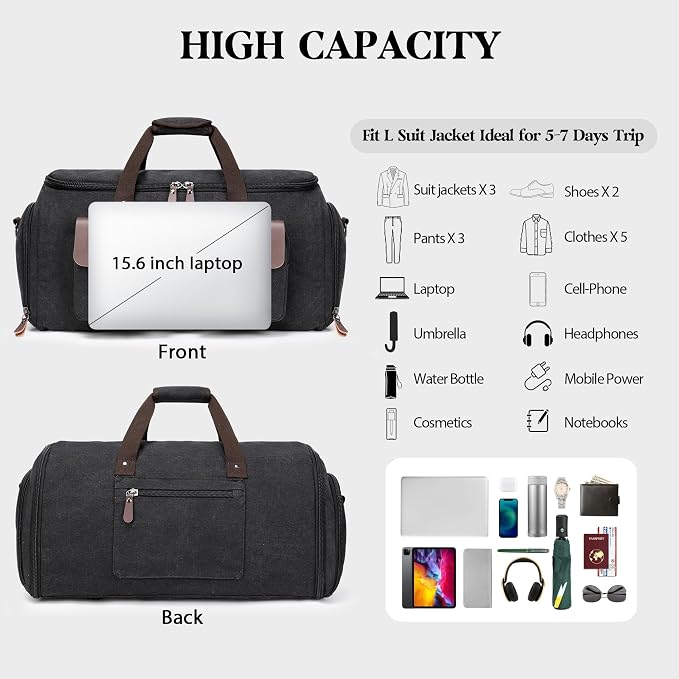 Canvas Garment Bags for Travel, Convertible Carry On Garment Duffel Bag for Men Women, 2 in 1 Suit Bag Hanging Suitcase Business Travel Bag with Shoe Compartment (Black, XL) - Image 5
