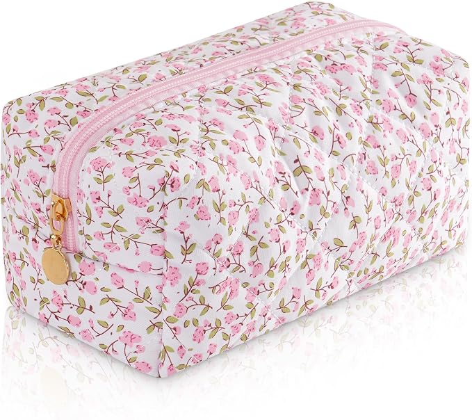 Makeup Bag Travel Toiletry Bag for Women, Small Cosmetic Bags Cute Quilted Cotton Makeup Pouch for Purse Emergency Bag Floral Pencil Case Accessory Bag, Pink by Unknown