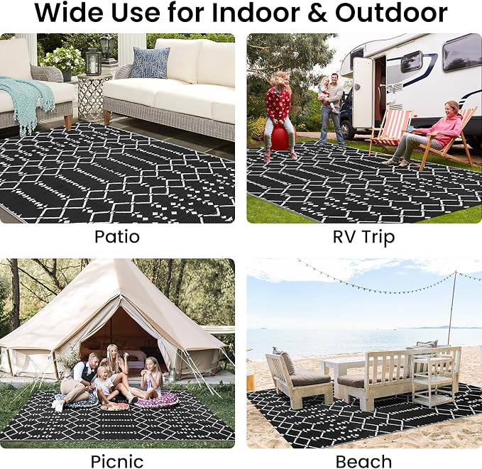 Smiry Outdoor Rug 5x8 ft, Waterproof Reversible Plastic Straw Rugs, Boho Outdoor Area Rug, Outside Floor Mat for Patio, Backyard, Deck, Picnic, Beach, Camping, Black - Image 7