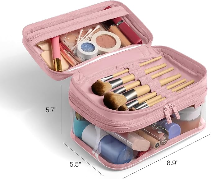 Away Clear Cosmetic Case - Water-Repellent Transparent Cosmetic Bag with 2 Compartments, Brush Holder, Interior Zip Pocket - Blush Pink - Image 5