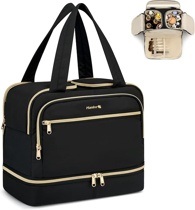 Hanke Travel Toiletry Bag, Lightweight Wide-open Large Toiletry Bags for Women, Dual-Layer Makeup Bag Water-Resistant Cosmetic Travel Bag with Handle for Accessories, Essentials, Black by Hanke