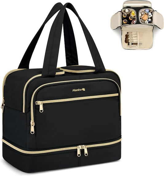 Hanke Travel Toiletry Bag, Lightweight Wide-open Large Toiletry Bags for Women, Dual-Layer Makeup Bag Water-Resistant Cosmetic Travel Bag with Handle for Accessories, Essentials, Black by Hanke